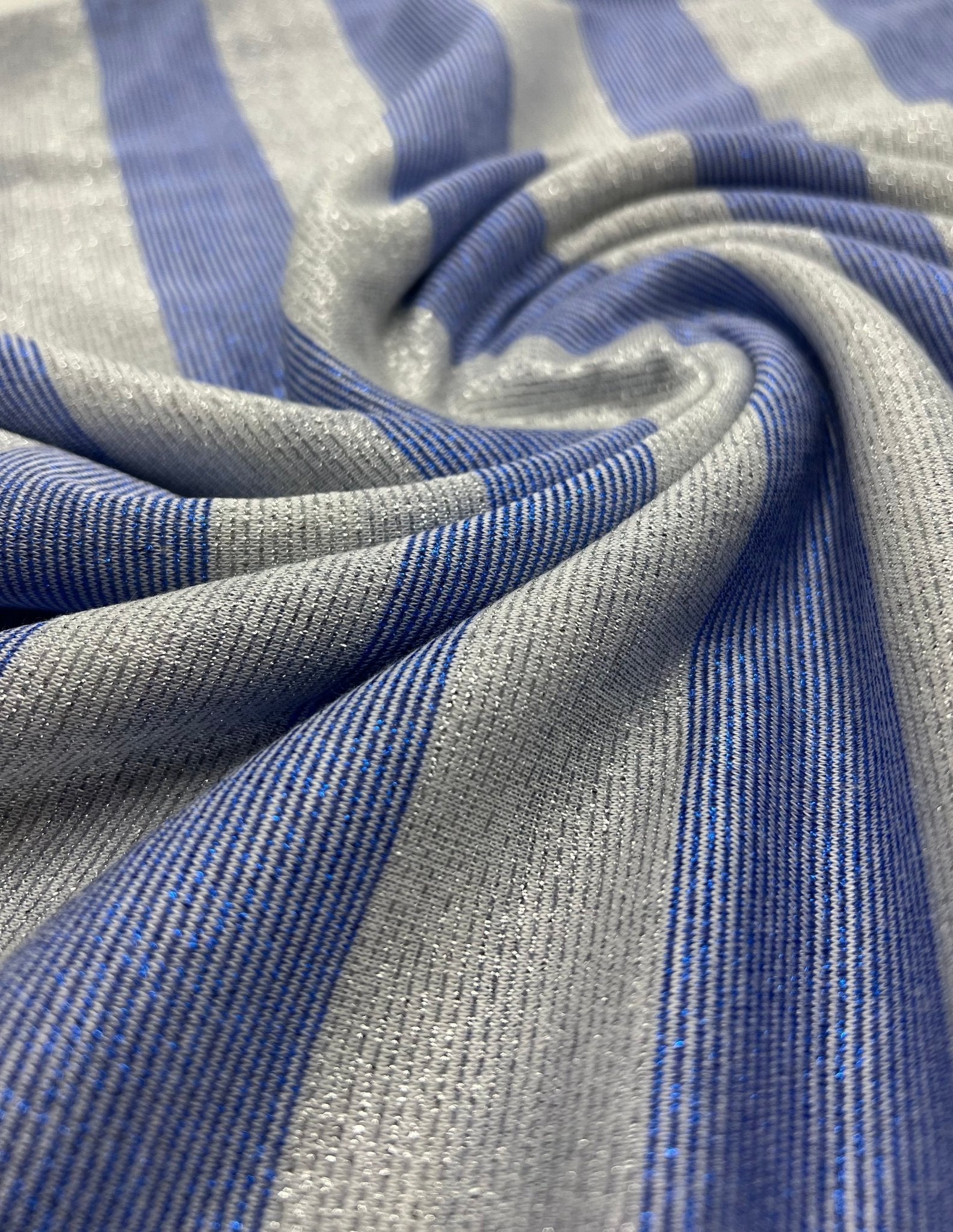 Blue Silver Metallic Stripe Knitted 2 Way Stretch Fabric - T9 Fabrics